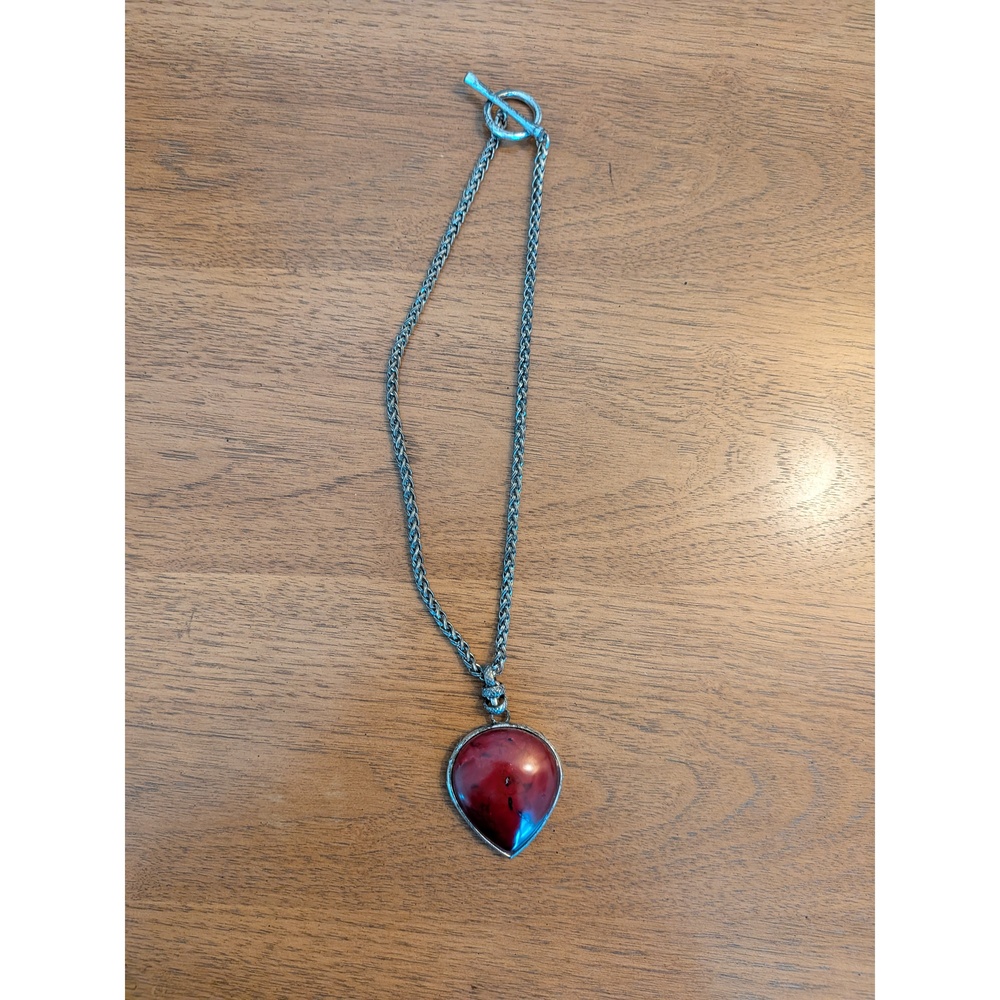 Lucky Brand Reversible Koi Fish Red Stone Pendant Toggle Necklace Silver